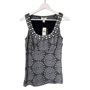 NWT Ann Taylor Loft Sleeveless Beaded Scoop Neck Mandala Print Top Blue White 6‎